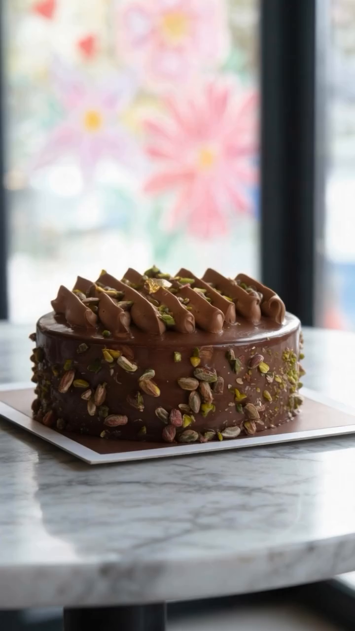 Elegantly plated luxury dessert with mirror glaze and rose petal on cream ceramic
