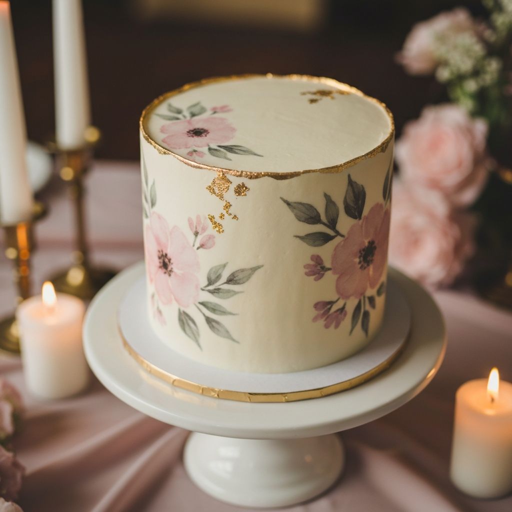 Bespoke celebration cake with watercolor botanicals in blush and gold on a marble pedestal