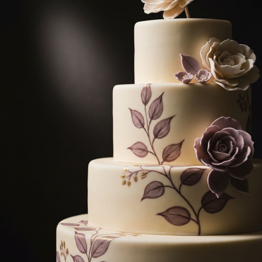 Tiered ivory celebration cake with hand-painted botanical details and gold leaf
