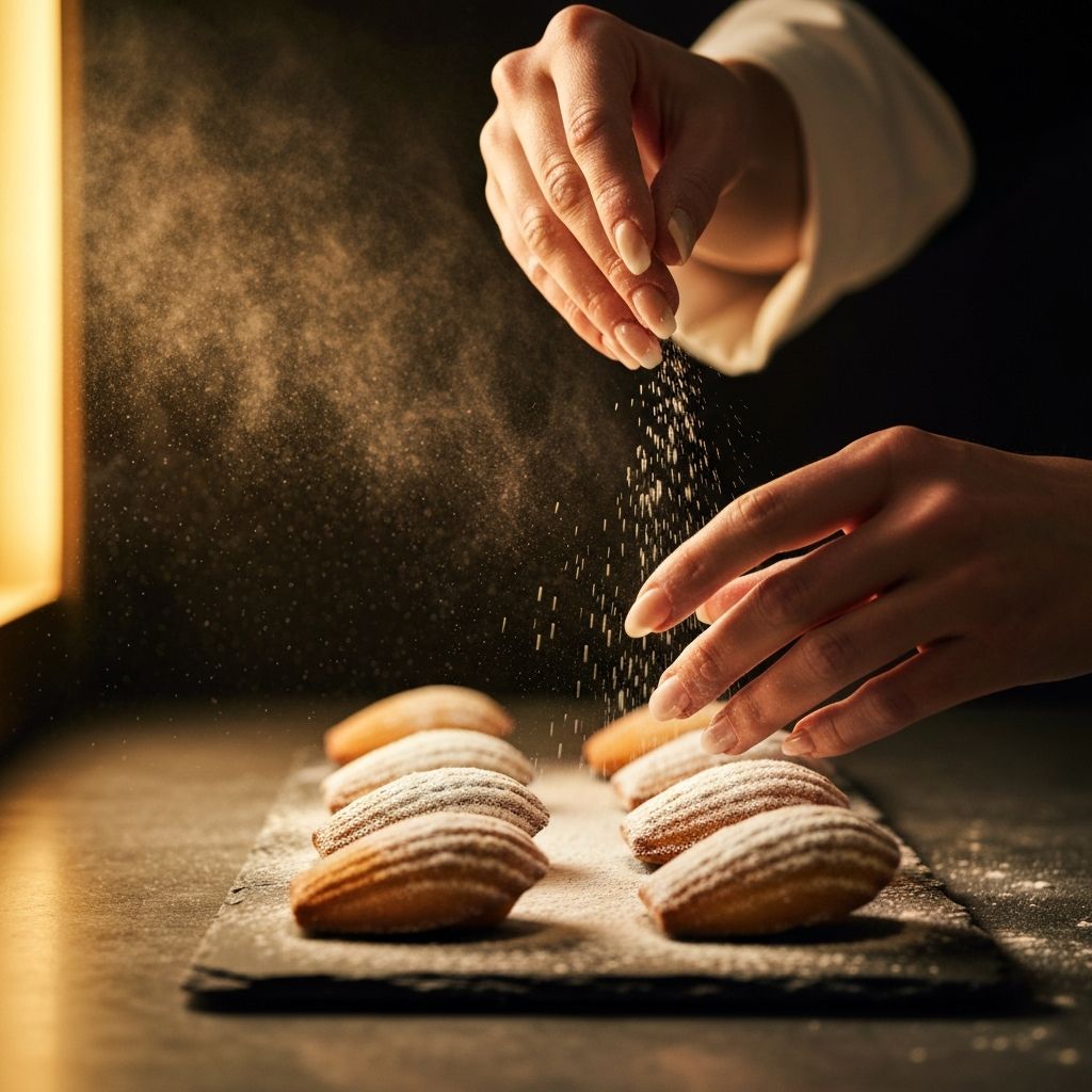Artisan hands dusting powdered sugar over freshly baked madeleines