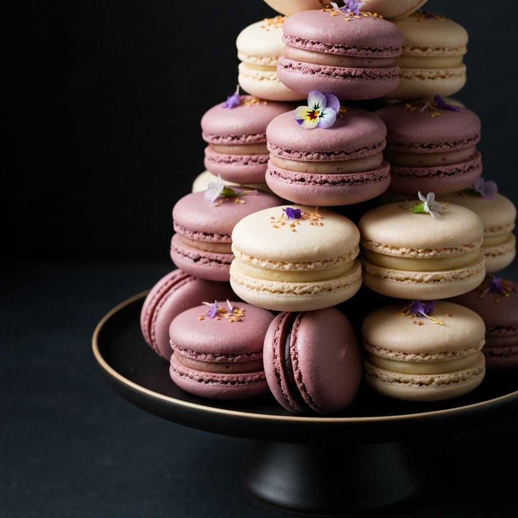 Luxury French macaron tower in muted rose tones