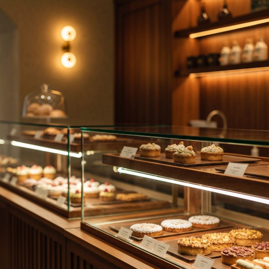 Warm, elegant interior of Atölye Norte — marble countertops, dark wood shelving, soft golden light