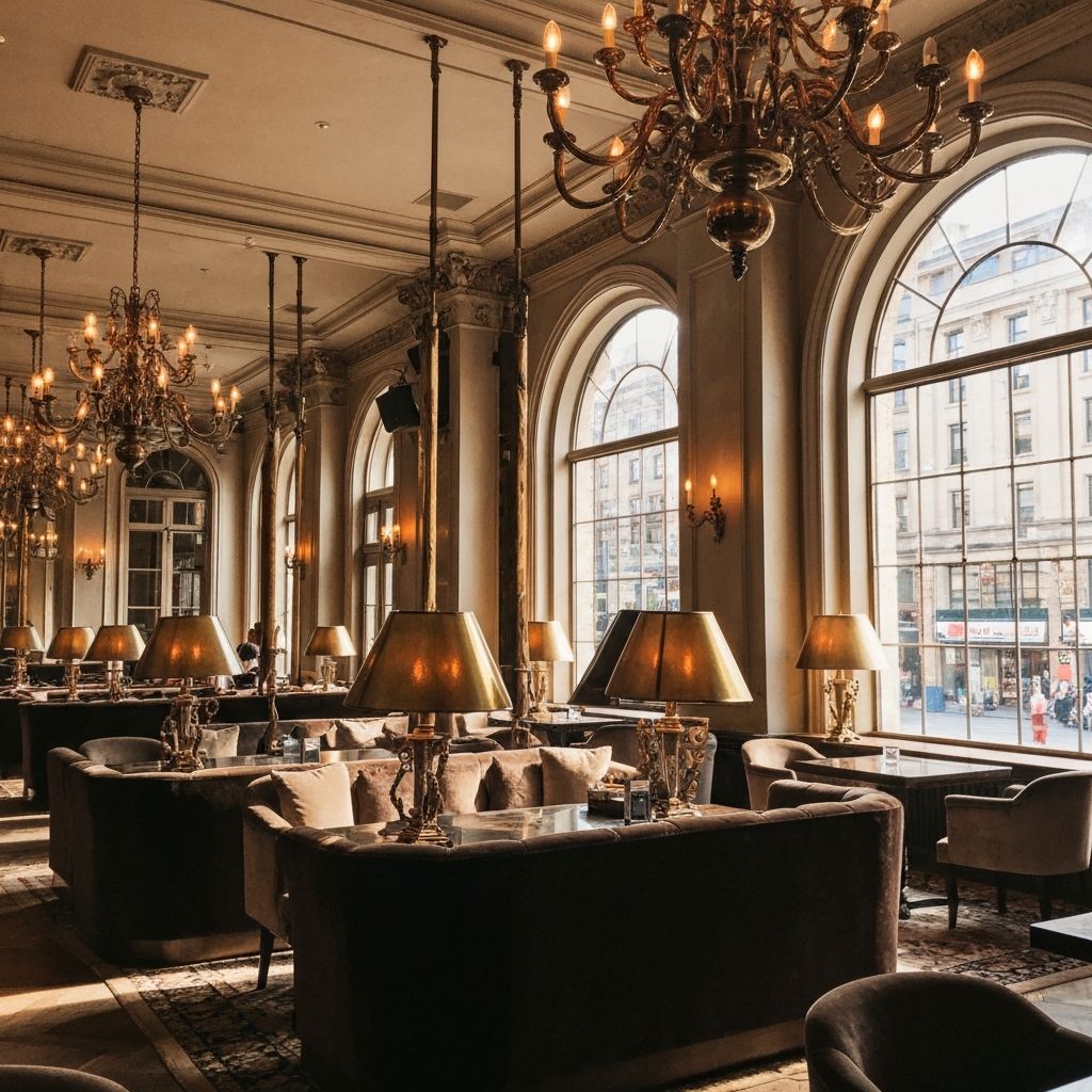 The interior of Atolye Norte with warm light, velvet seating, and marble tables
